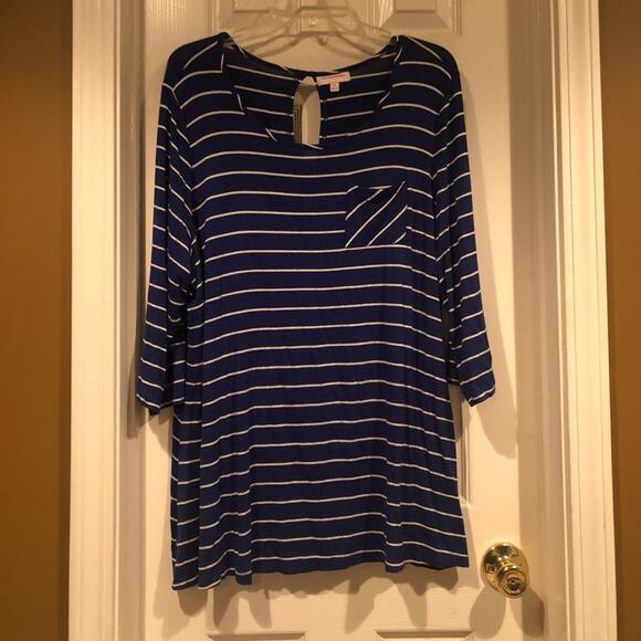 Molly & Isadora blue with white stripes long sleeve tunic sized 1X - Picture 2 of 7